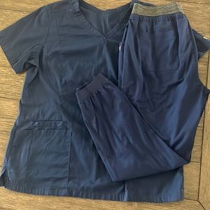 Navy blue scrubs, short sleeve top and jogger pants size medium